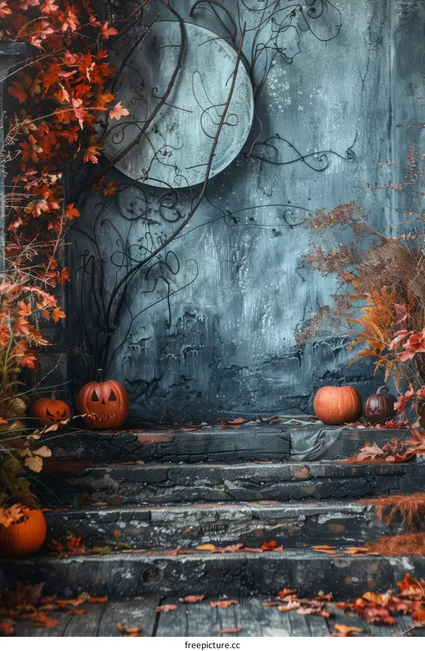 Spooky Halloween pumpkins on the stairs