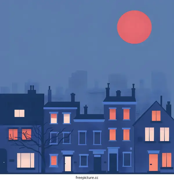 Nighttime Cityscape with Red Moon and Silhouettes of Buildings