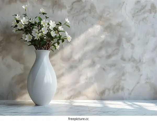 Elegant White Vase with Blossoms Against a Light Gray Wall