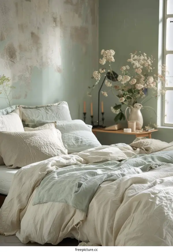 Simple and comfortable bedding makes the bedroom look very cozy