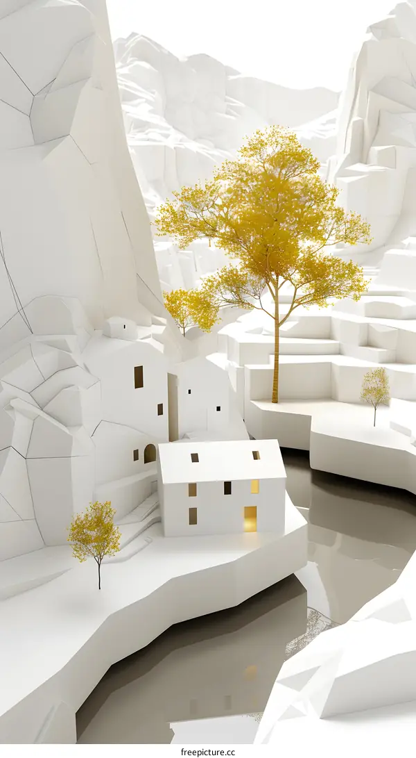 Minimalist 3D Render of a Village with White Buildings and Yellow Trees