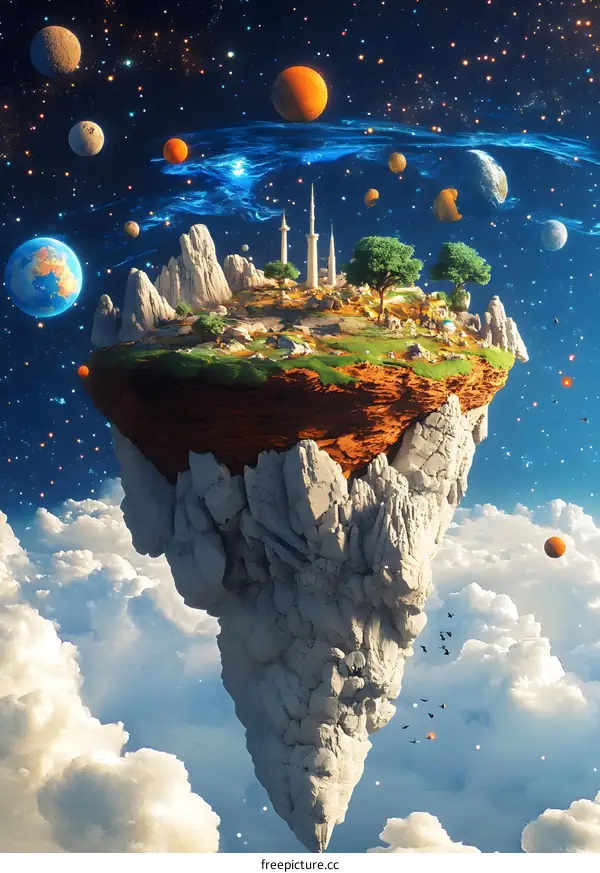 Floating Island In Space With Planets and Stars