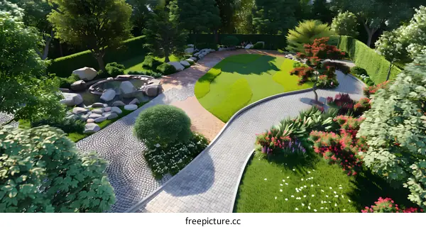 Aerial View of a Beautiful Lush Garden with a Winding Path