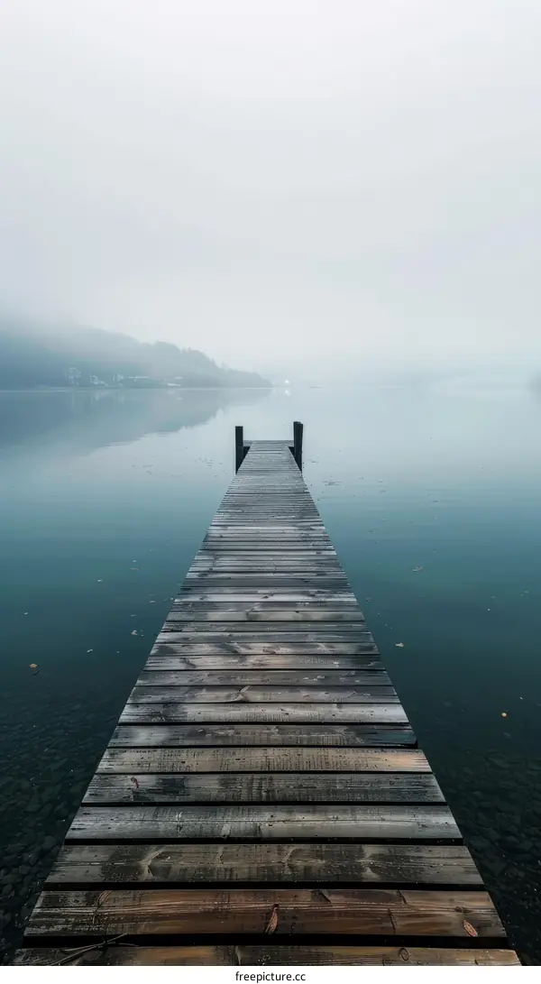 Wooden dock extending into a calm lake on a foggy day