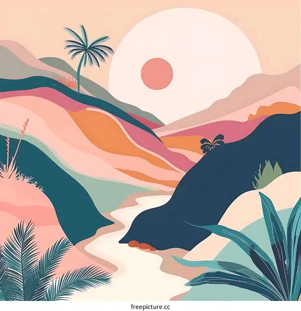Abstract Landscape Illustration with Palm Trees and Mountains