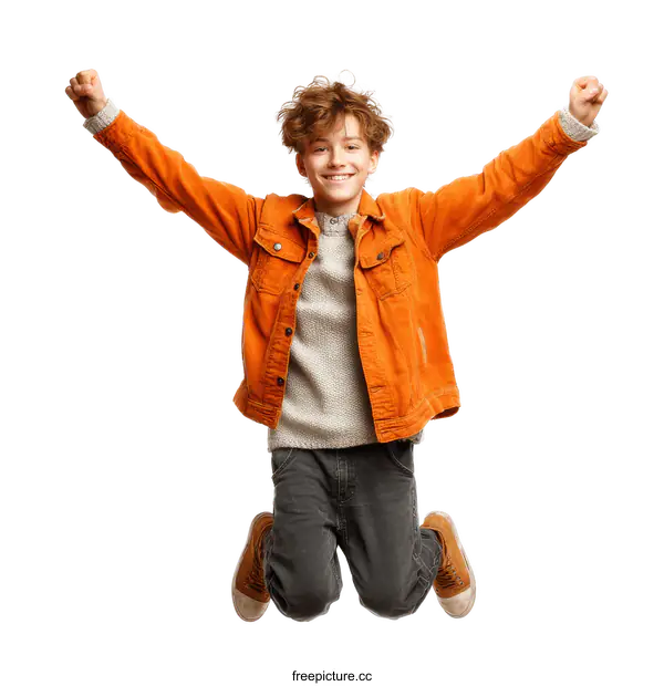 [Transparent Background PNG]Happy Boy Jumping in Orange Jacket