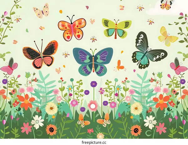 Colorful Butterflies Flying Over Flowers
