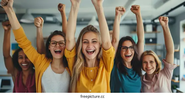 Group of cheerful businesswomen celebrating their success with arms raised in the air