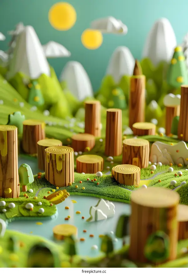 Cute 3D Illustration of a Small Green Forest with Trees and Wooden Logs