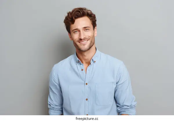 Smiling Man in Light Blue Shirt Against Gray Background