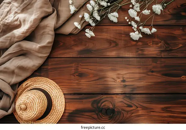 Rustic Wooden Background With White Flowers, Straw Hat and Fabric