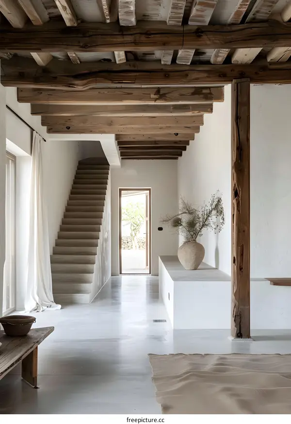 Minimalist Interior Design With White Walls And Wooden Beams