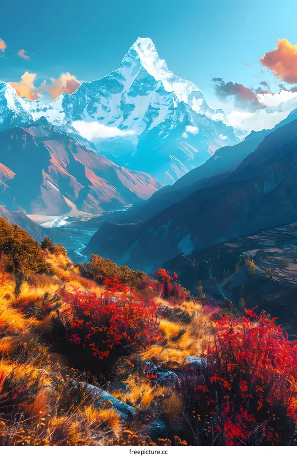 Majestic Mountain Peak Landscape with Red Foliage