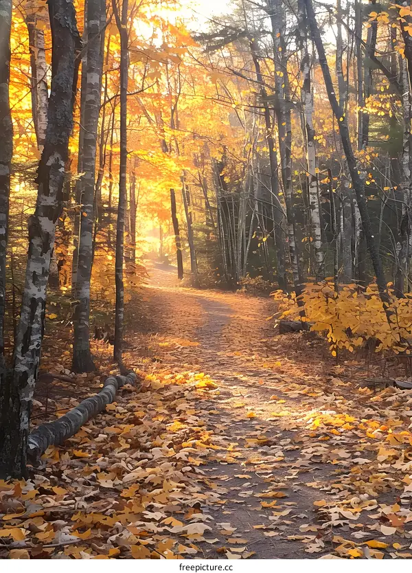 Autumn Forest Path with Golden Leaves