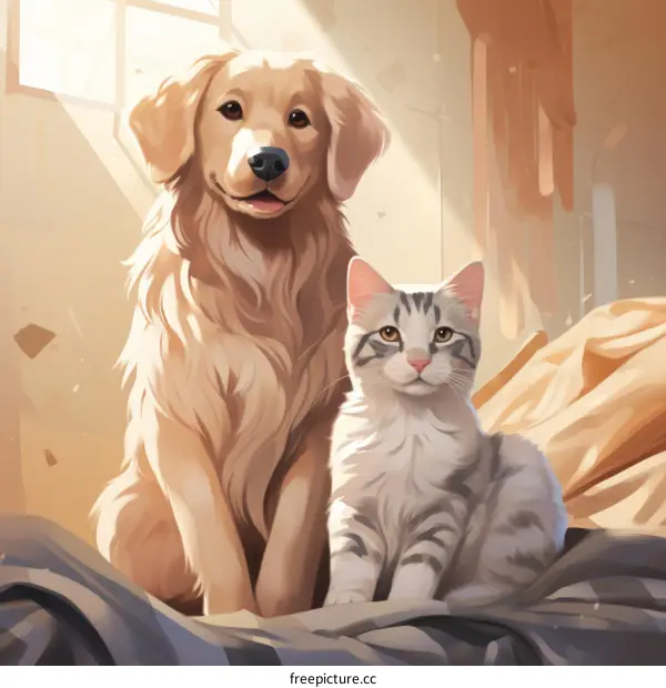 Golden Retriever and Tabby Cat Snuggling on Bed in Sunlight