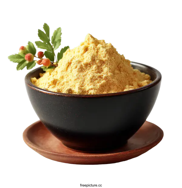 [Transparent Background PNG]Yellow Powder in a Dark Bowl with Garnish