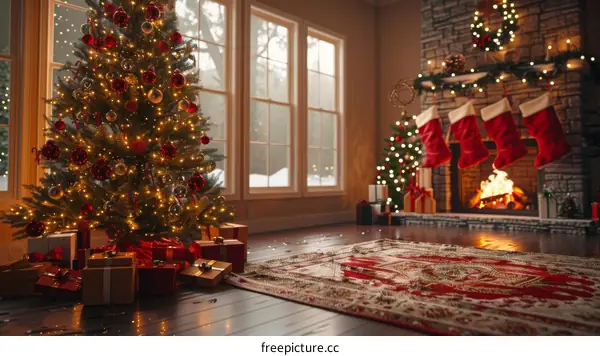 Christmas Tree by Cozy Fireplace in Room