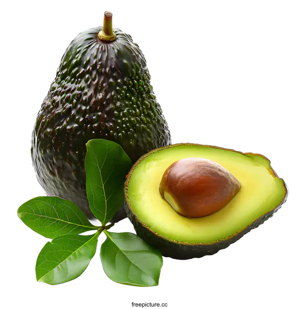 [Transparent Background PNG]Fresh avocado with leaves