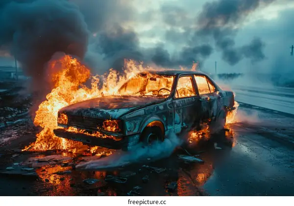 Car on fire by the side of the road at night