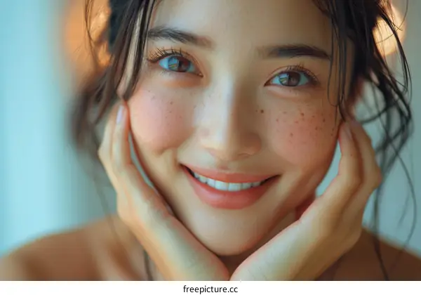 Portrait of a beautiful Asian woman with freckles on her face