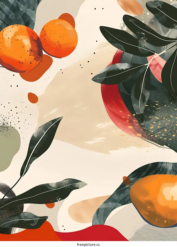 Abstract Modern Art Illustration with Oranges and Leaves