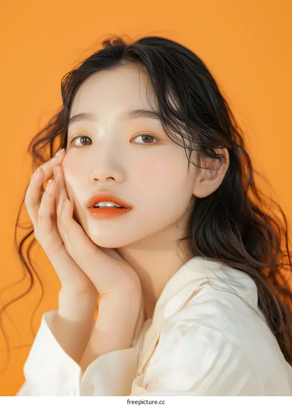 Young Woman with Wavy Hair Posing in Front of Orange Background