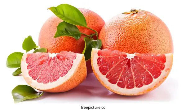 Fresh Ripe Grapefruit with Green Leaves Isolated on White Background