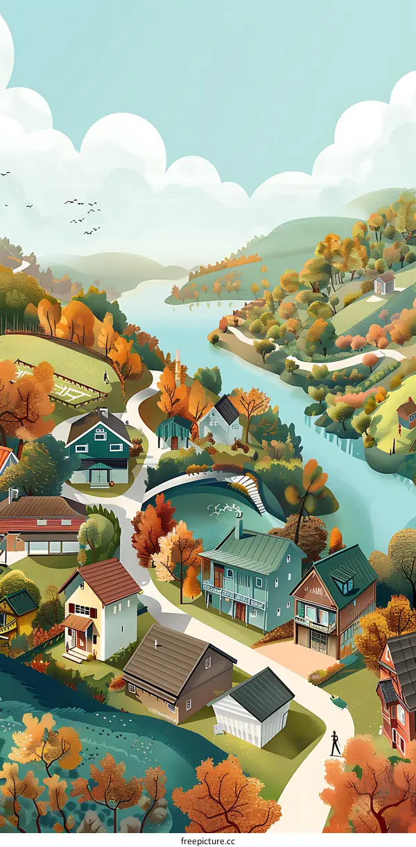 Autumn Landscape With Houses And River