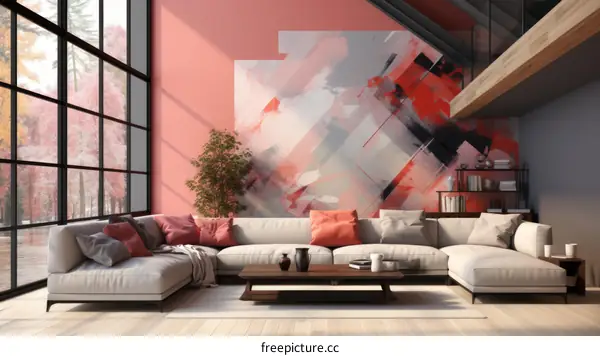 Modern Living Room with Abstract Art and Red Wall