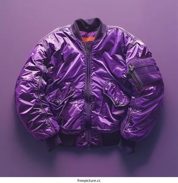 A Shiny Purple Bomber Jacket on a Purple Background