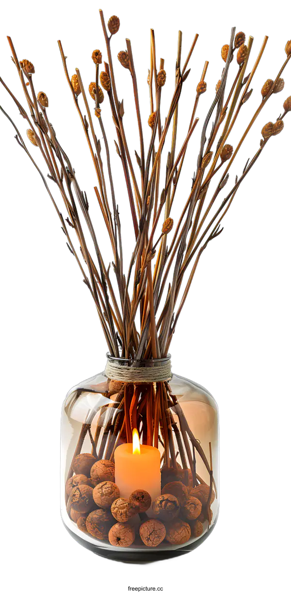 [Transparent Background PNG]Dried Branches in a Glass Vase with Candle and Stones