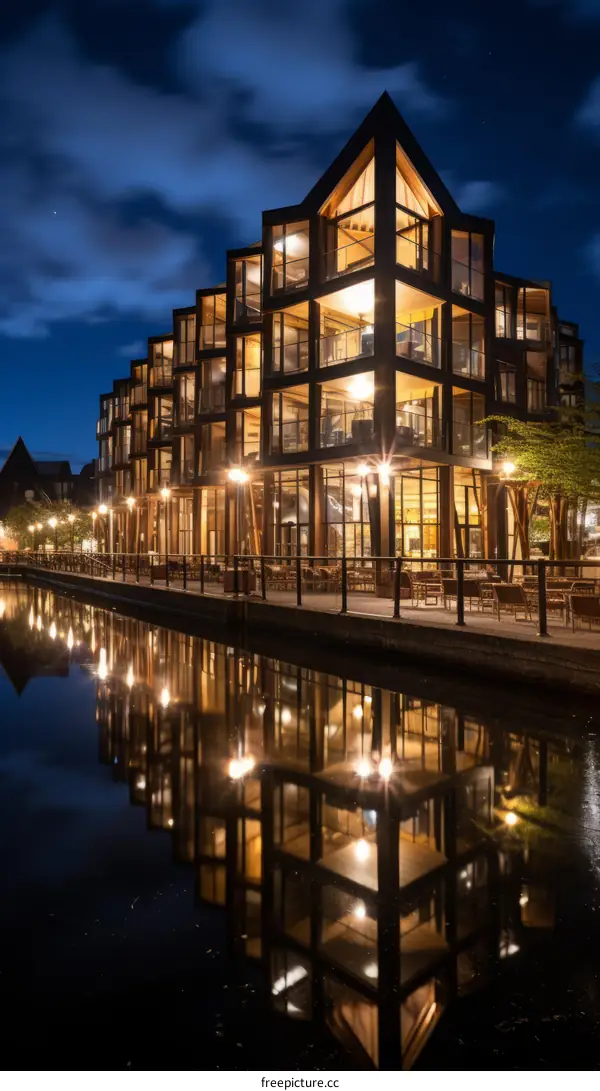 Geometric Reflections: Modern Architecture at Night