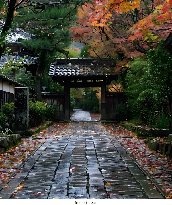 A stone path leading to a temple gate in a forest with red maple leaves