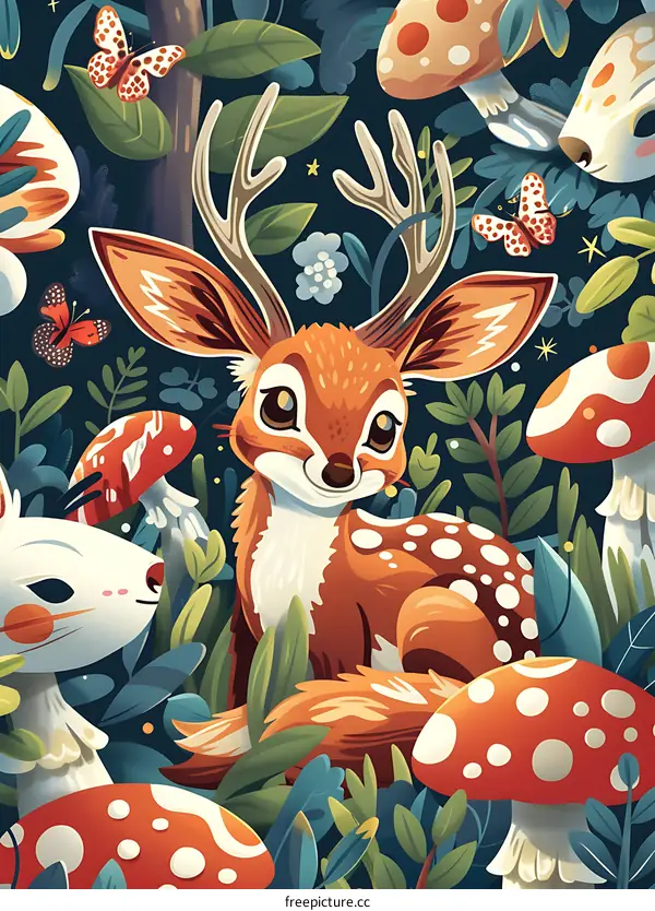 Cute Deer in a Forest with Mushrooms and Butterflies