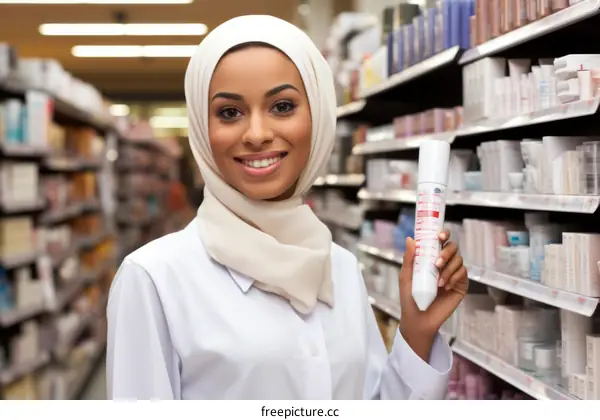 A young woman wearing a hijab is holding a can of hairspray in a drugstore.