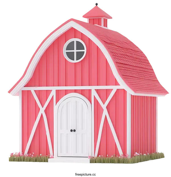 [Transparent Background PNG]Cute Pink Barn Illustration with Grass
