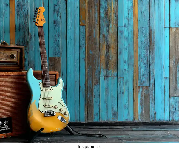 Vintage Electric Guitar Against Teal Painted Wood Wall
