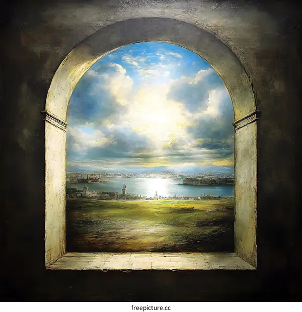 Arched Window View of Cityscape with Sunlit Clouds