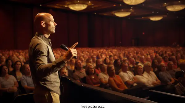 Man speaking on stage in front of large audience