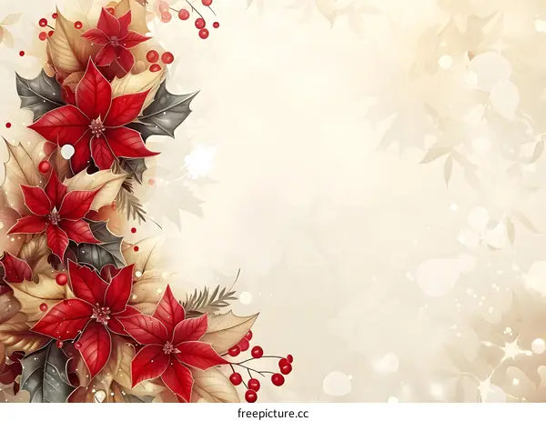 Red poinsettia flowers with green leaves on a beige background
