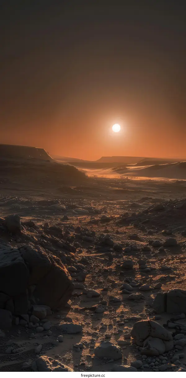 Barren rocky desert landscape with setting sun