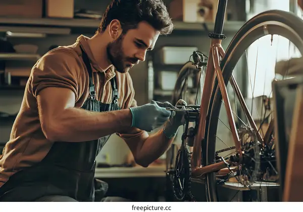 Man Repairing Bike in Workshop