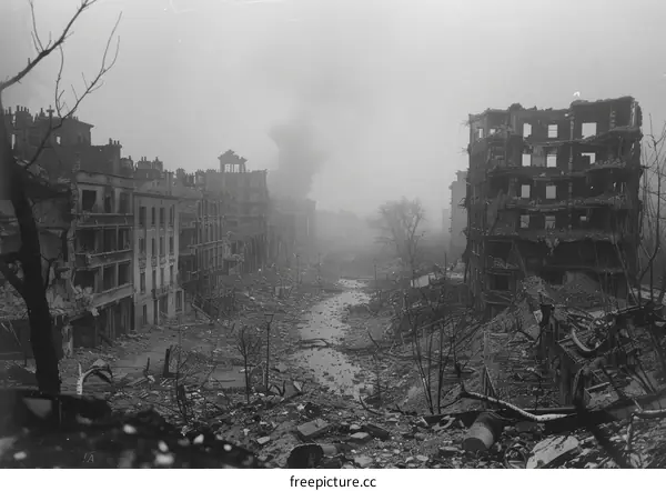 Post-war ruins of buildings in London, England