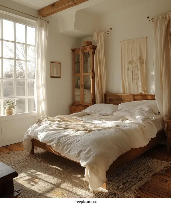 A bedroom with a large bed, a wooden cabinet, and a rug on the floor.