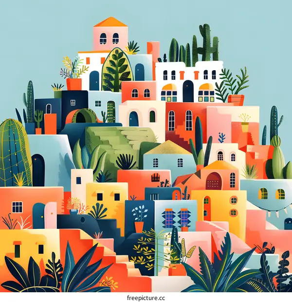 Colorful Illustration of a Village in the Desert
