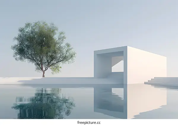 Modern Minimalist Architecture with Pool and Tree