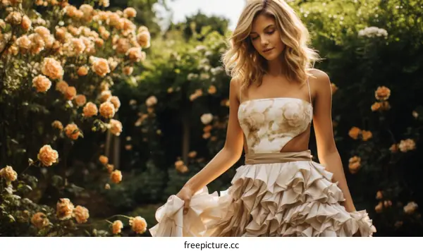 Elegant woman in a long dress in a rose garden