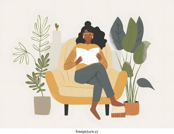 Woman Reading in a Yellow Armchair with Plants