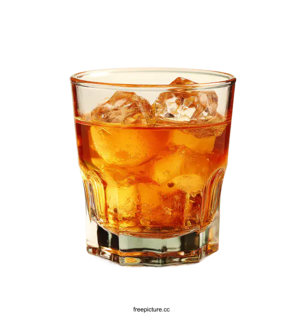 [Transparent Background PNG]Glass of Whiskey with Ice Cubes on White Background