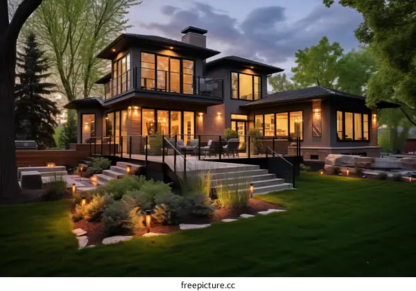 A luxurious house with a modern design and a beautiful landscape
